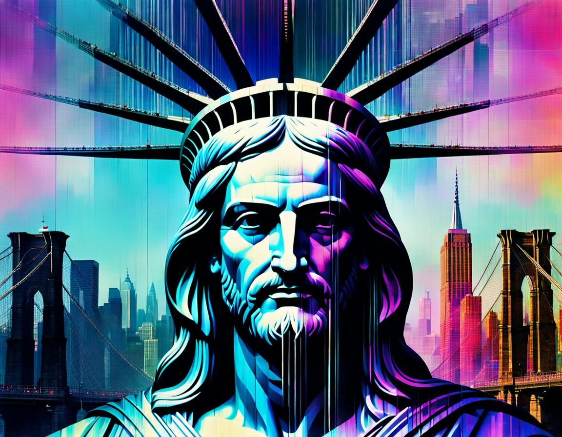 Glitch Art David with Brooklyn Bridge