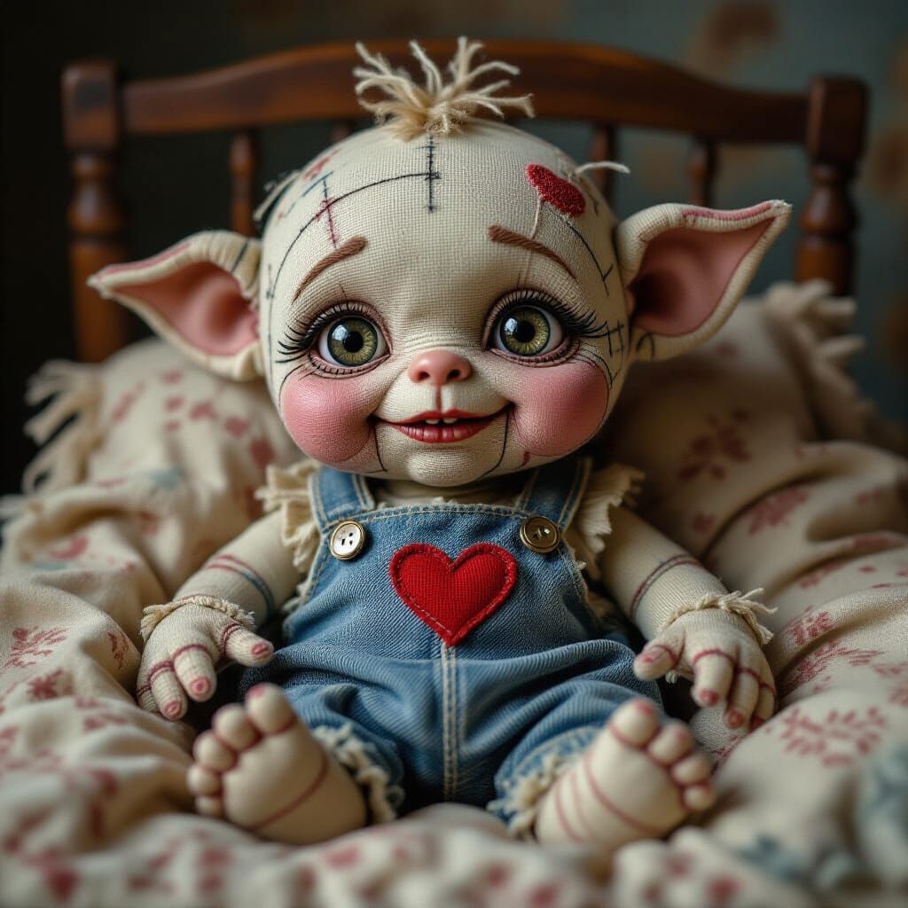 Grotesque Fabric Creature with Button Eyes and Stitches