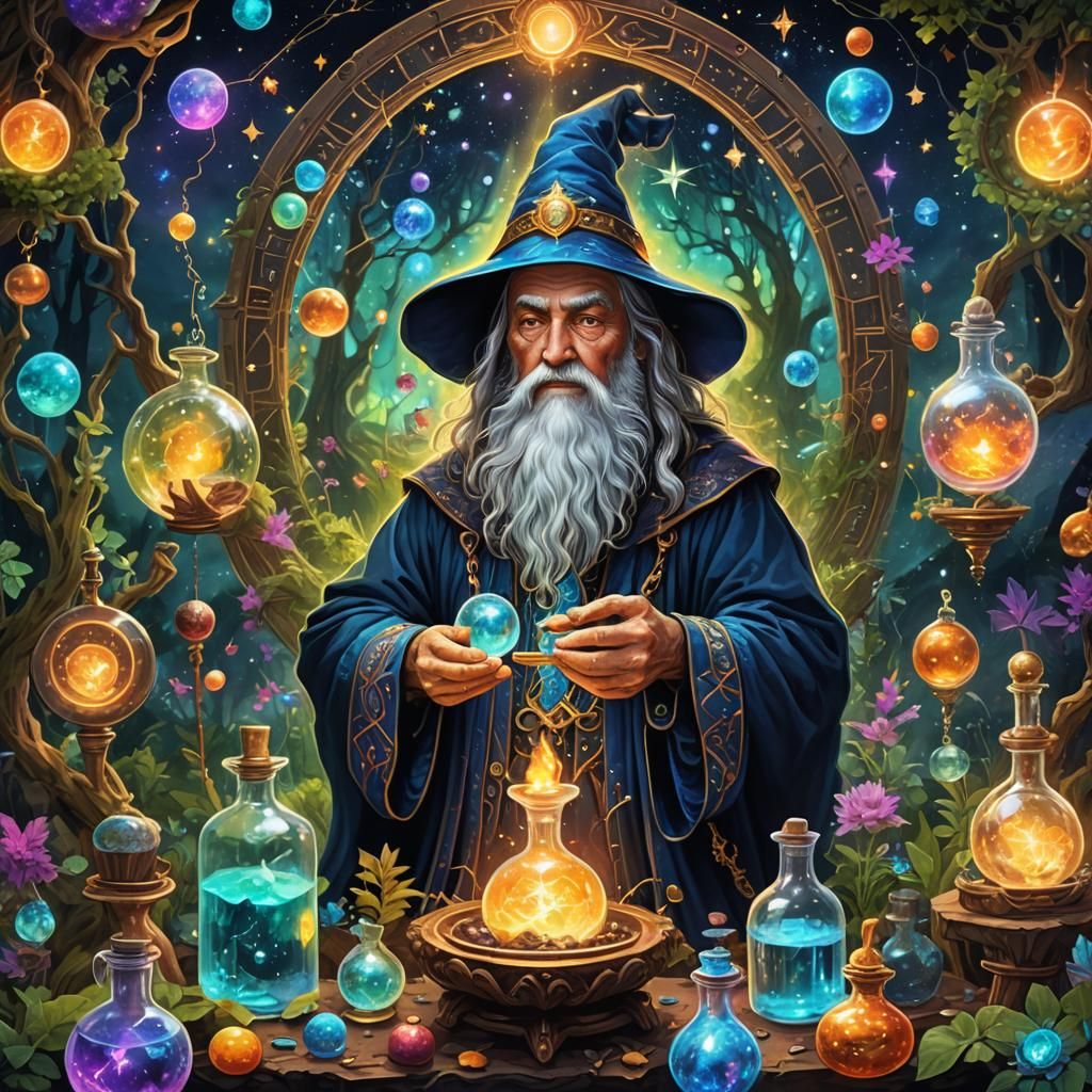 Wizard in Hidden Glade: Cosmic Illustration