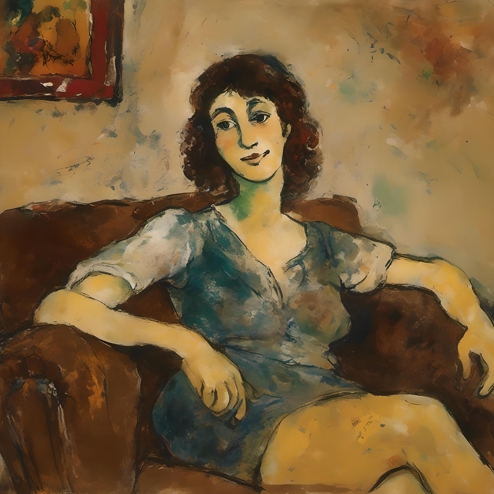 Woman Relaxing in Living Room in Chagall Style