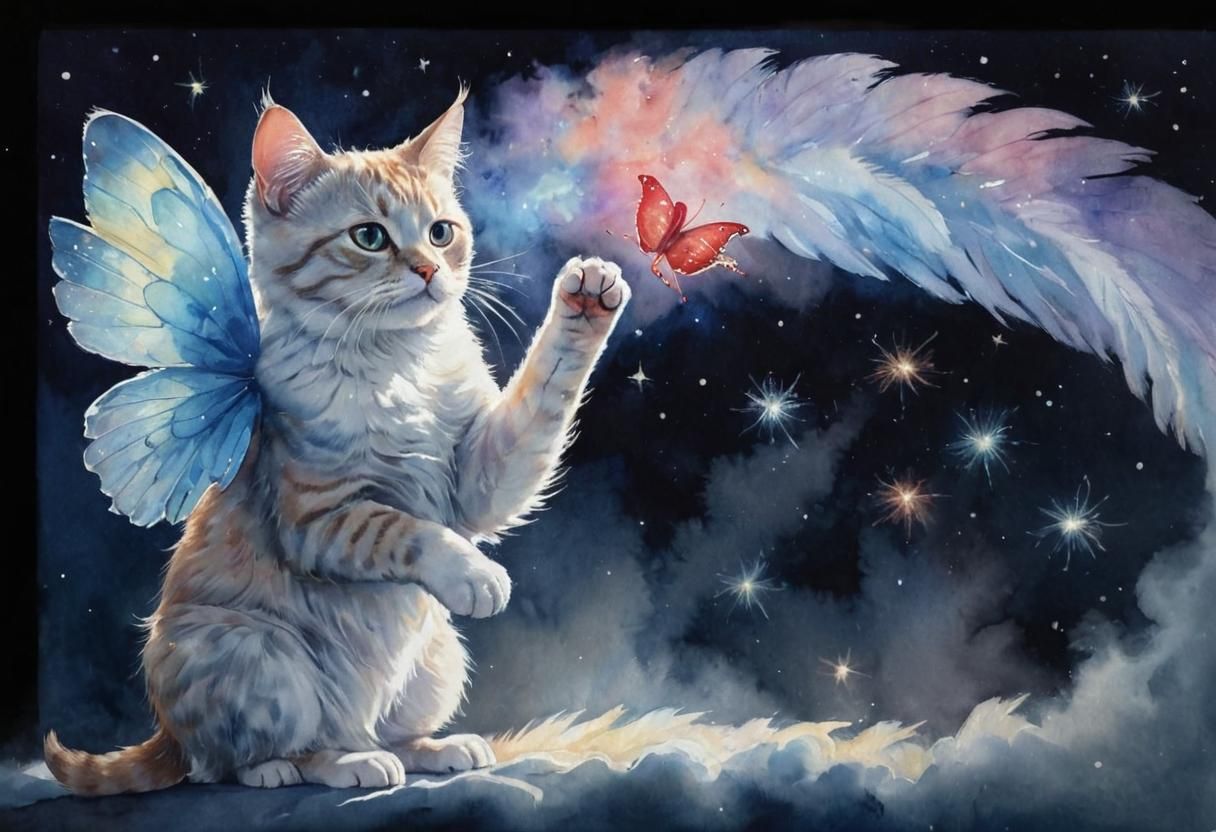 Winged Cat with Butterfly in Watercolor Art