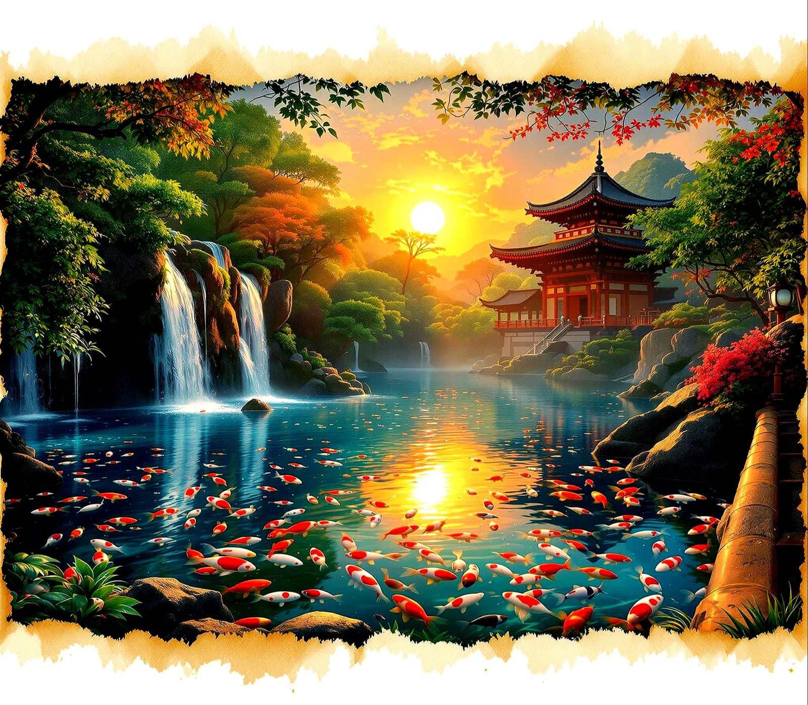 Ancient Parchment Shinto Temple Koi Pond in Vibrant Sunset