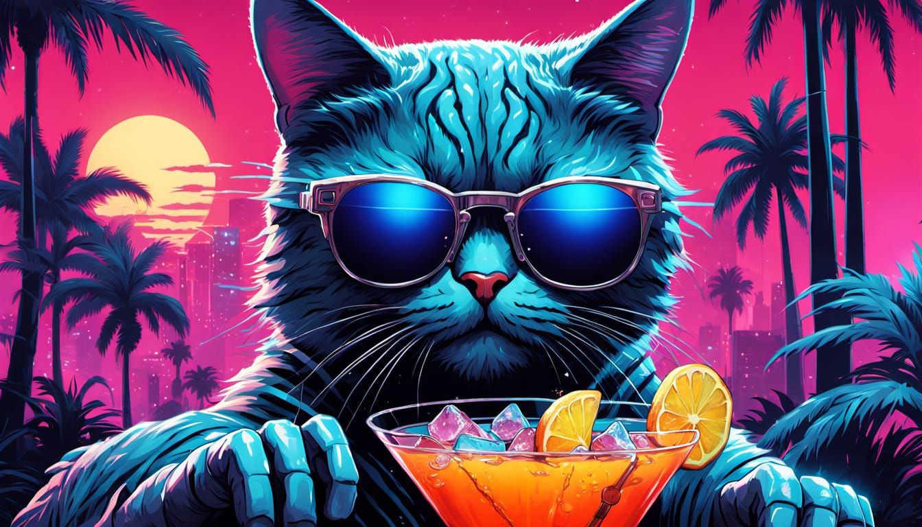 Robotic Cat Sipping Cocktail in Cyberpunk Comic Art