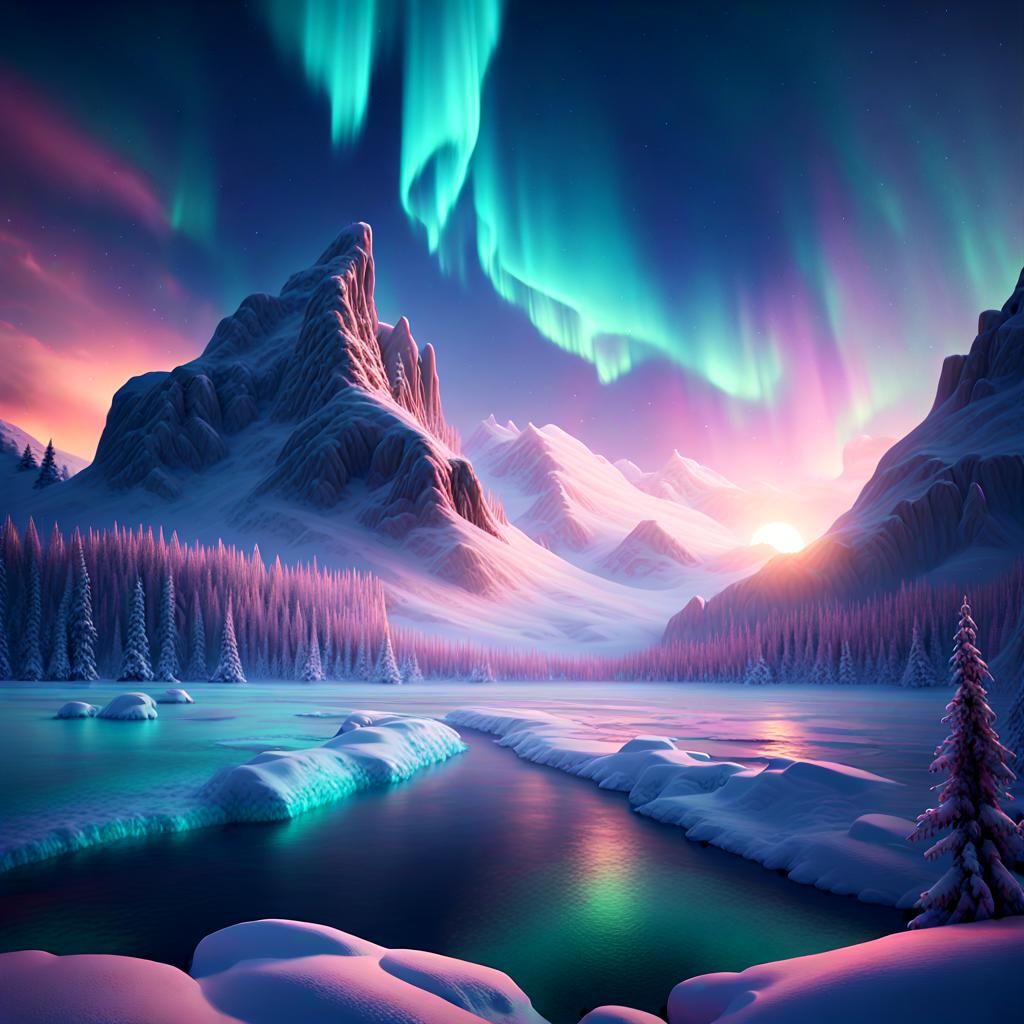 Mystical Winter Mountain Aurora: 3D Rendered Landscape
