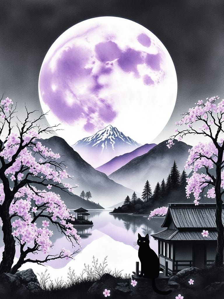 Japanese Watercolor Landscape with Purple Moon and Black Cat