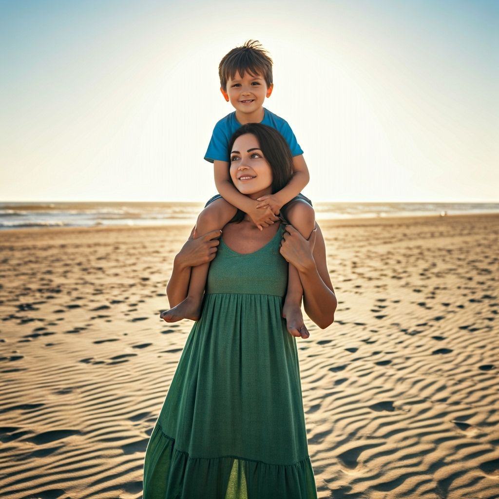 Woman Carries Boy on Shoulders at Sun-Drenched Beach