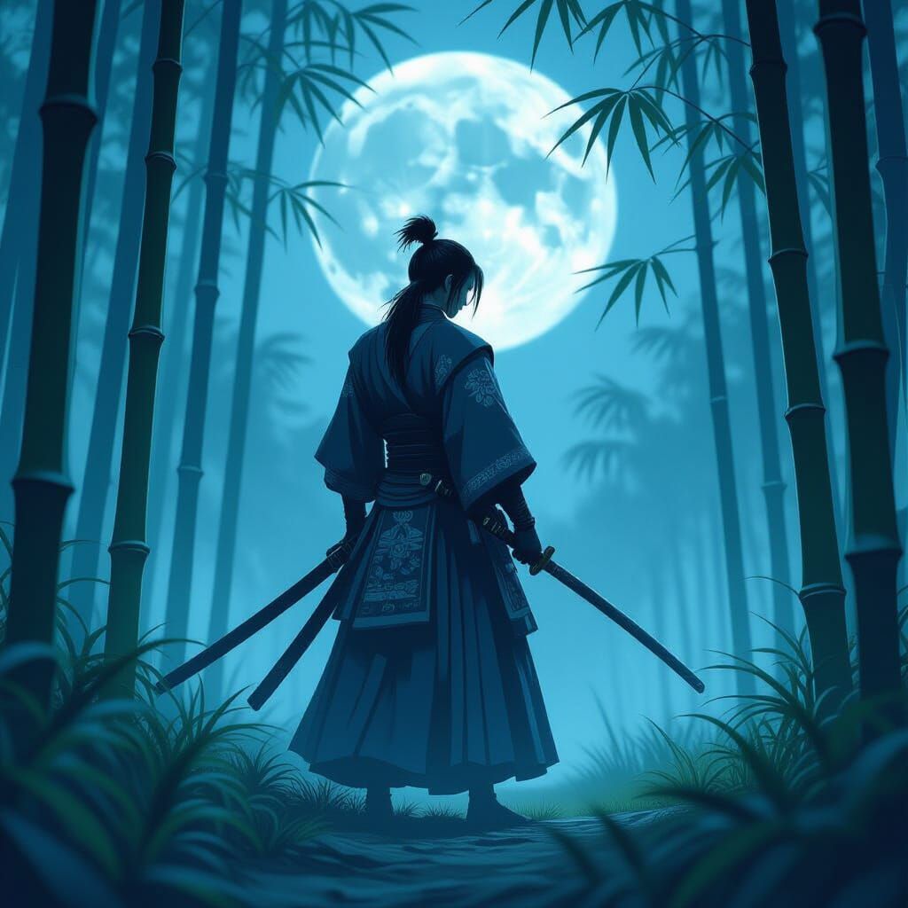 Samurai in Bioluminescent Bamboo Forest: Anime Style