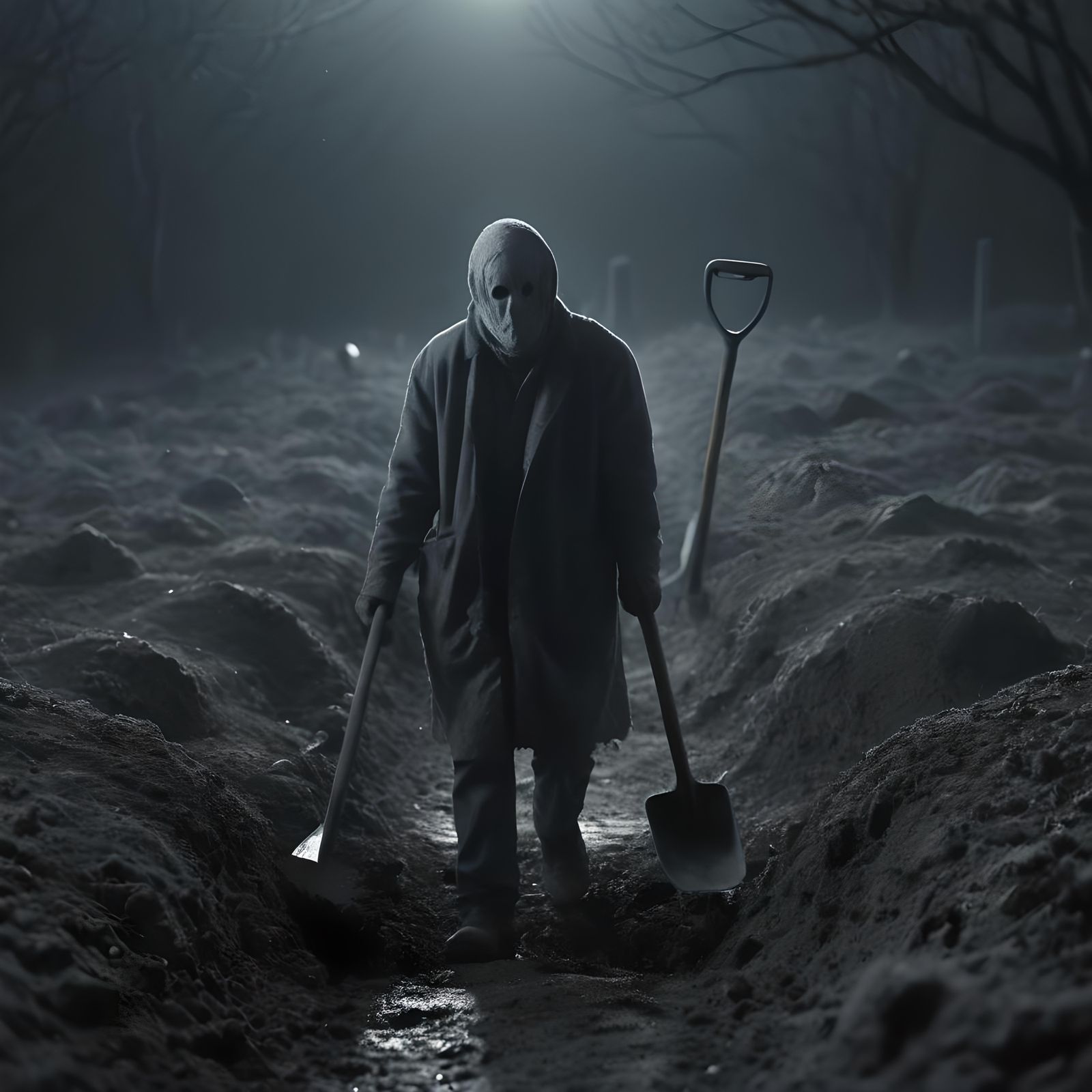 Mysterious Grey Man with Shovel Near Grave