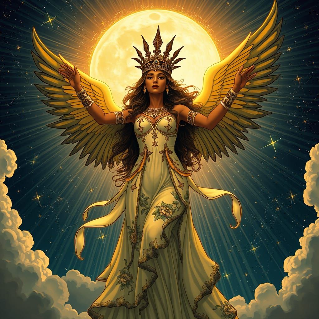 Ishtar Ascending: Ethereal Queen in Art Nouveau Style