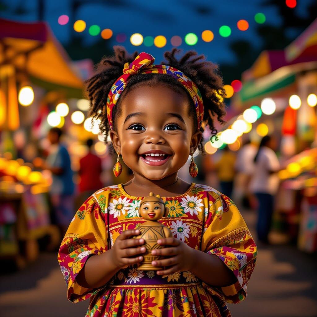 Joyful Girl in Festival Attire at Bustling Night Market
