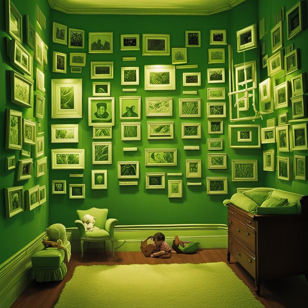 A child's nursery glowing an unnatural green, filled with do...