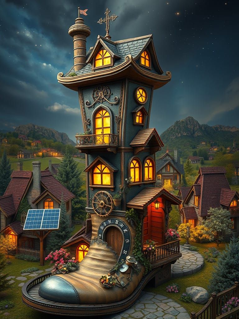 Steampunk Boot Village Towers in a Vibrant Village Scene