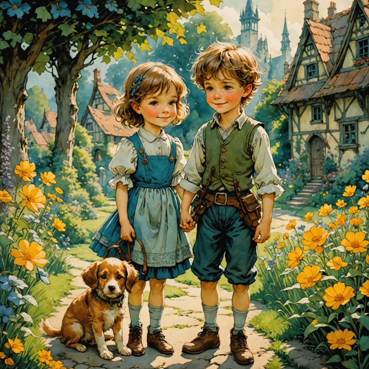 Whimsical Garden Scene in the Style of Arthur Rackham