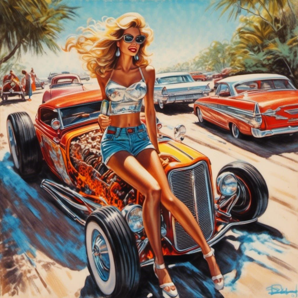 Surfer Girl Hot Rod Illustration in Super Hyperrealism