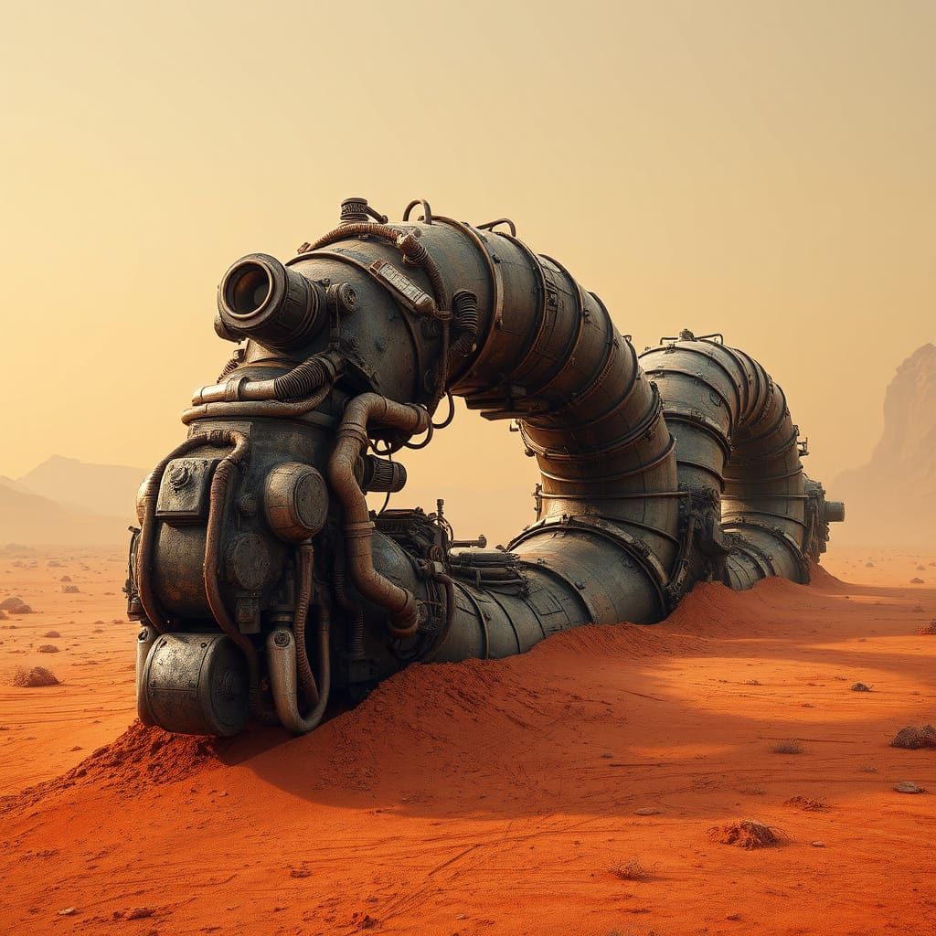Industrial Alien Worm Buried in a Desolate, Orange-Hued Plan...