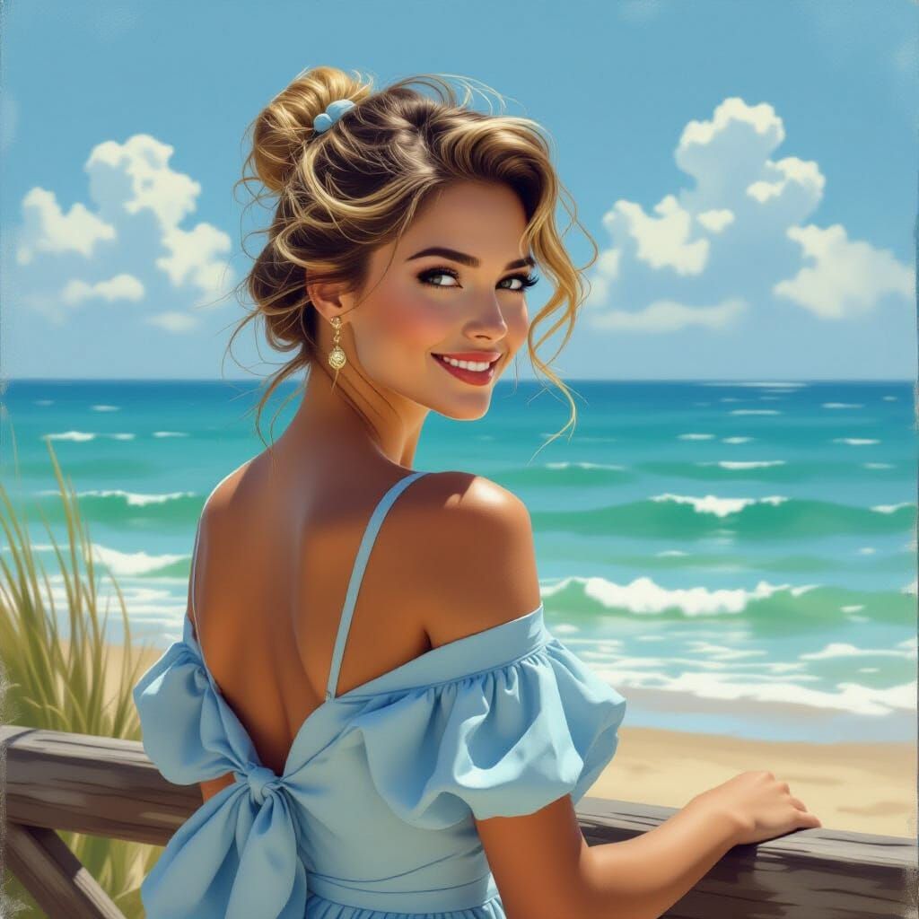 Elegant Blonde Woman Gazing at Sea, in Hyperrealistic Style