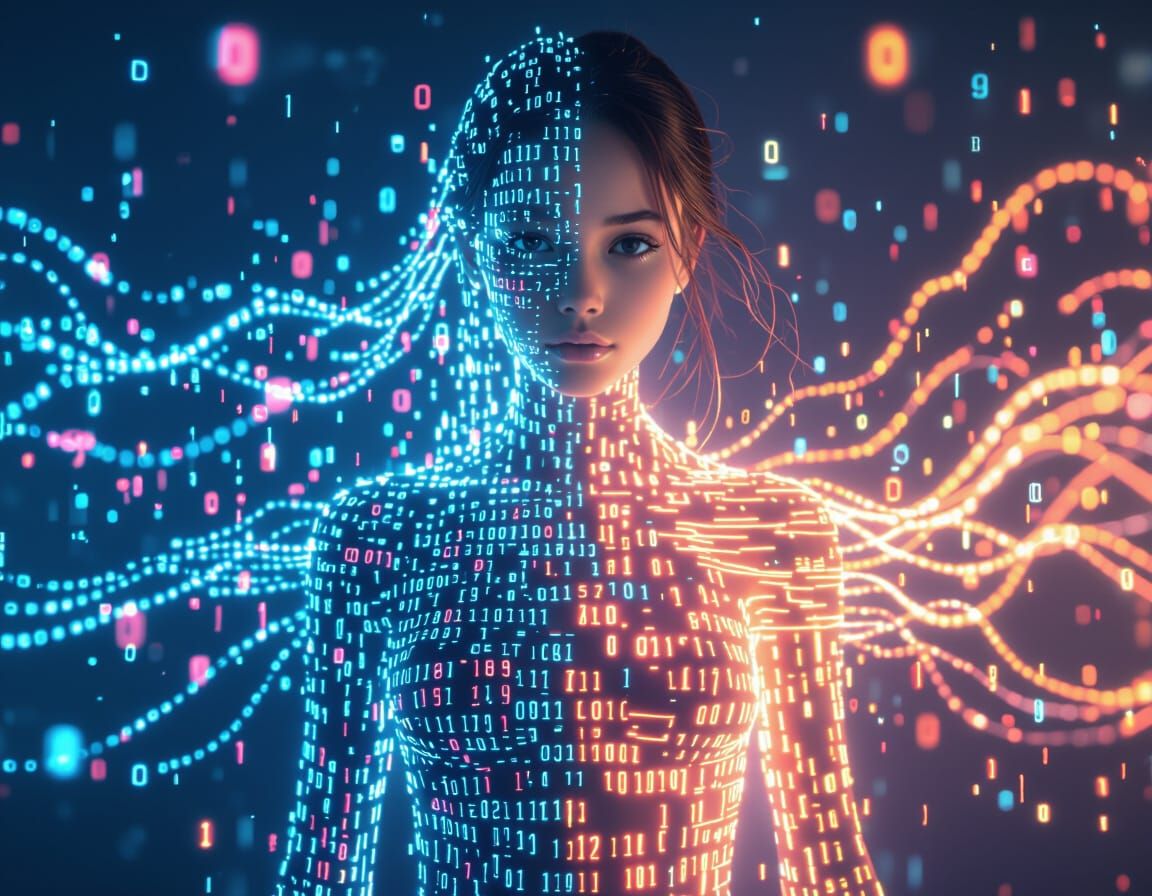 Girl Made of Glowing Binary Code and Light