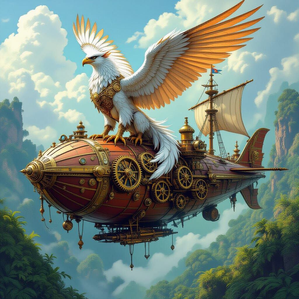 Steampunk Griffin on Airship Over Alien Jungle