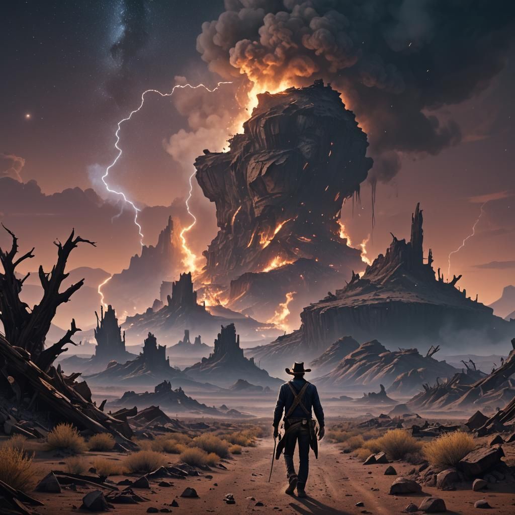 Cowboy in Wasteland at Night: Fantasy Concept Art