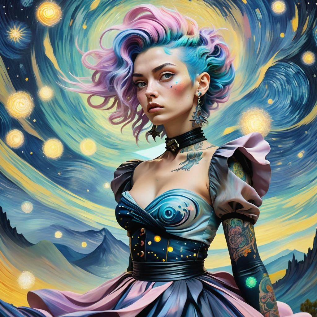 Punk Woman Under Swirling Starry Night Sky