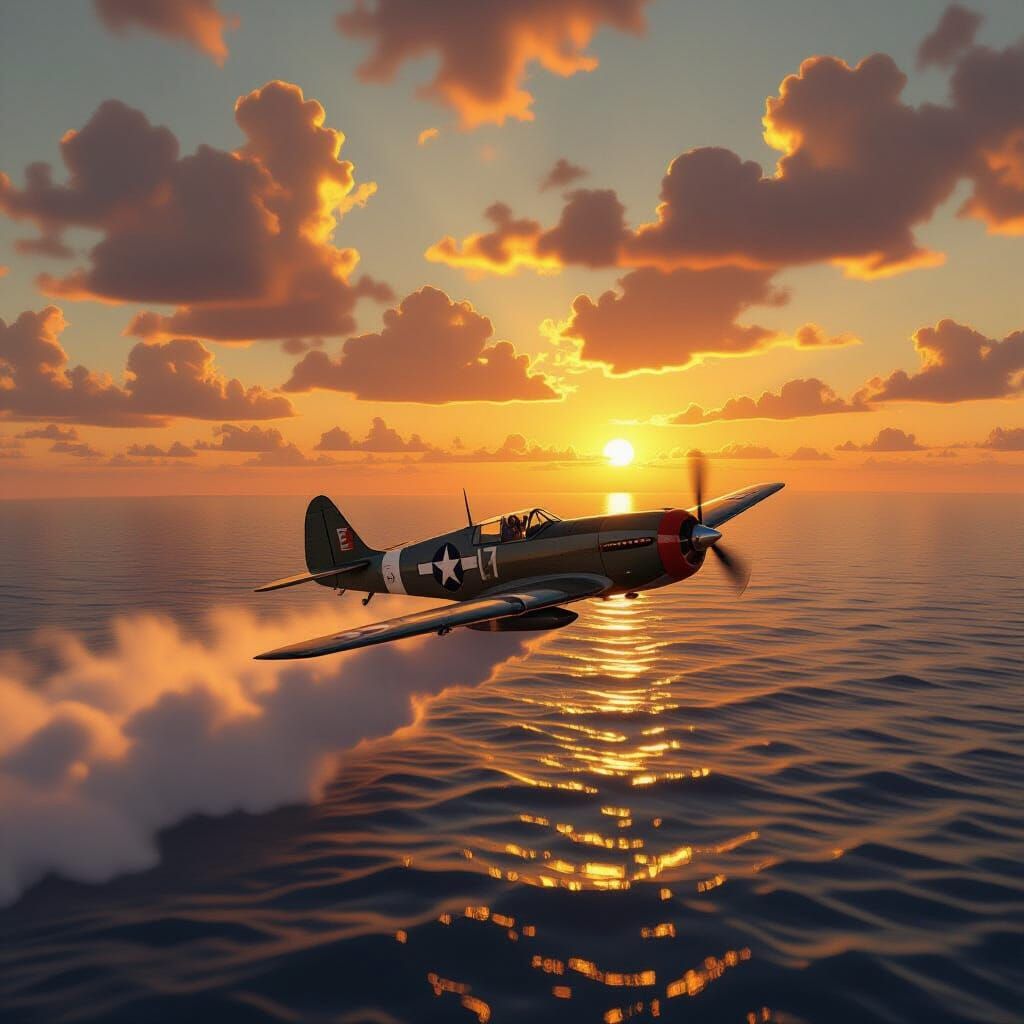 Vintage Airplane Soaring Over Sunset Ocean in Retro Sci-Fi S...