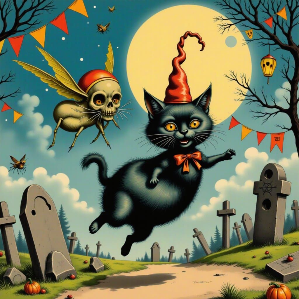 Mischievous Cat Chases Moth in Moonlit Graveyard