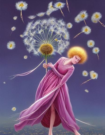 Woman and Dandelion in Fairytale Wind