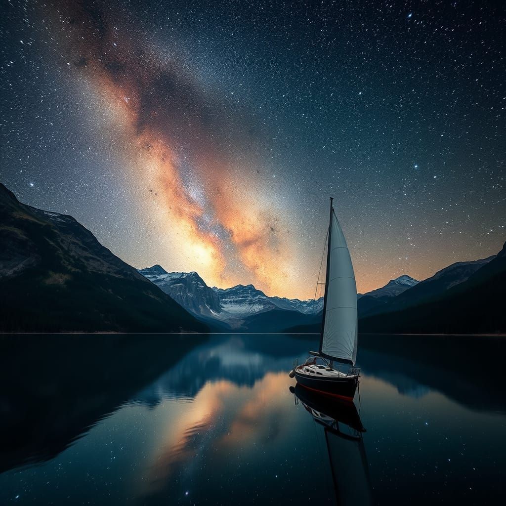 Galaxy Reflection: Sailboat on Mountain Lake