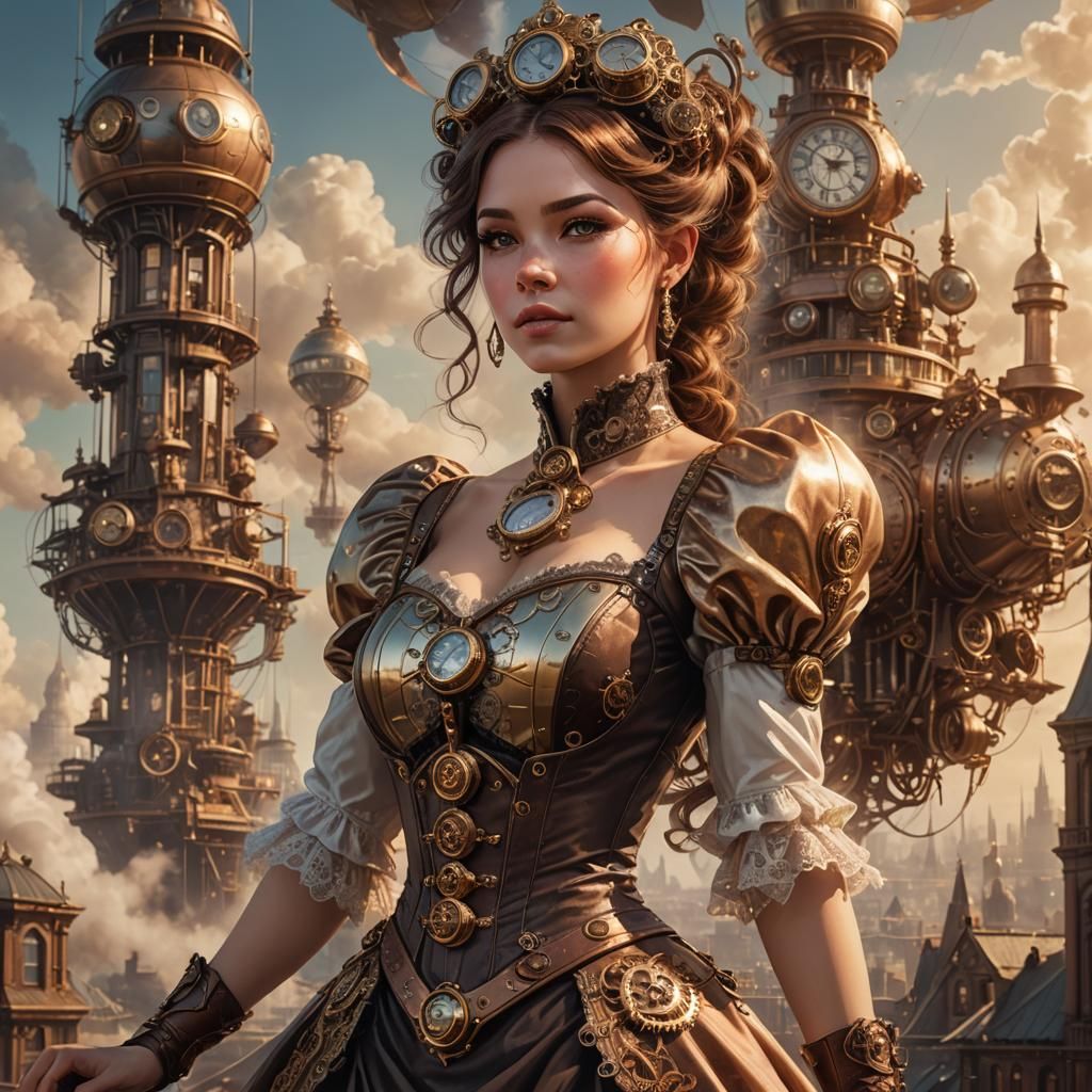 Steampunk Princess in Metropolis with Airships