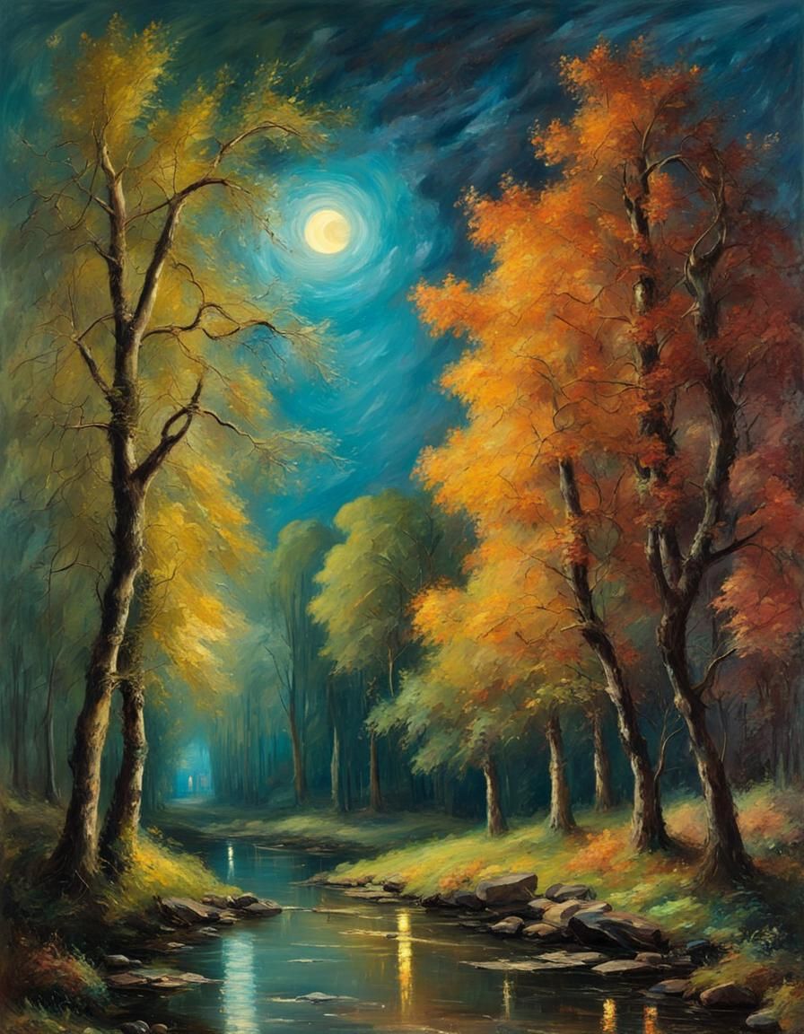 Scary Beautiful Forest with Full Moon in Oil Painting