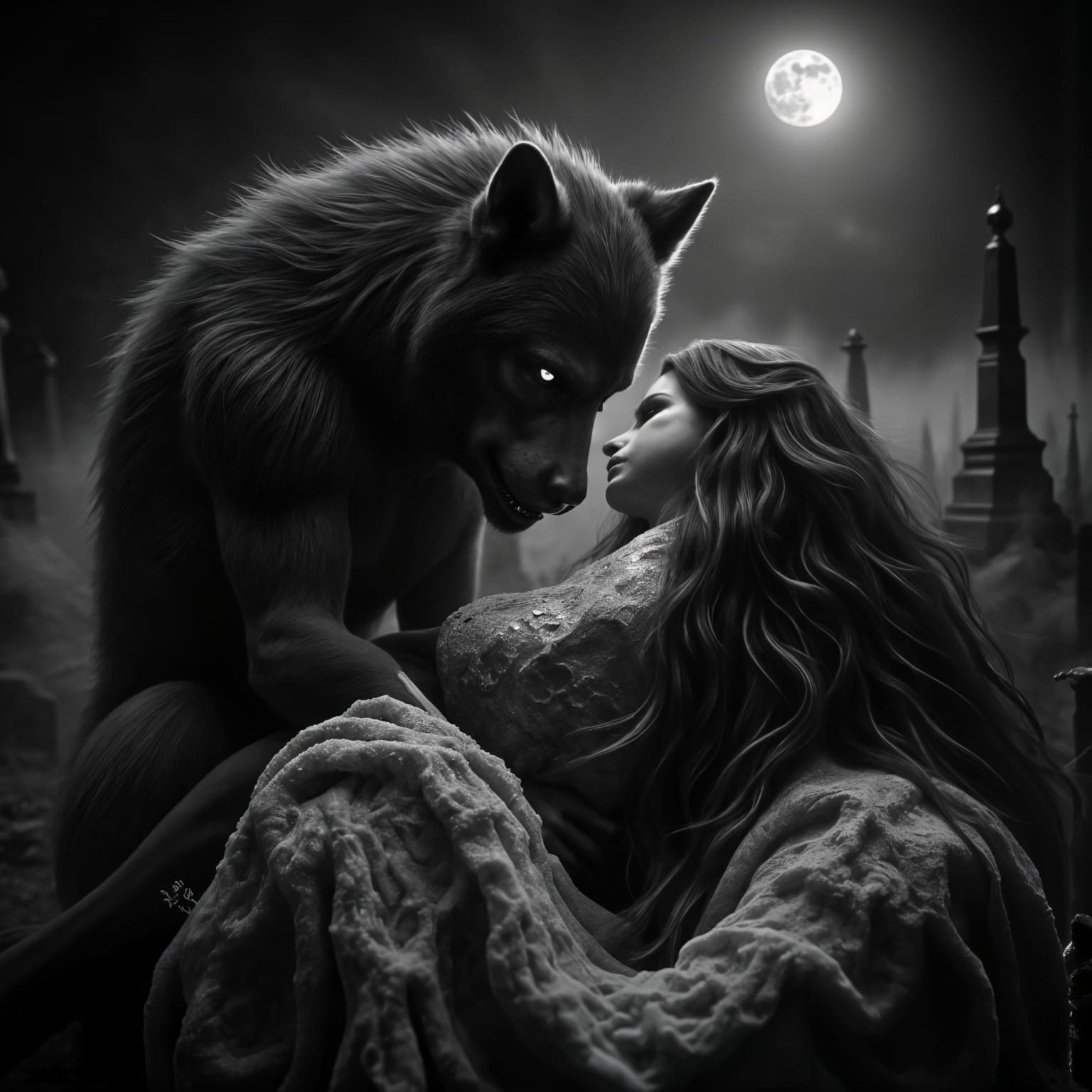Surreal B&W Portrait of a Werewolf Carrying a Sleeping Woman...