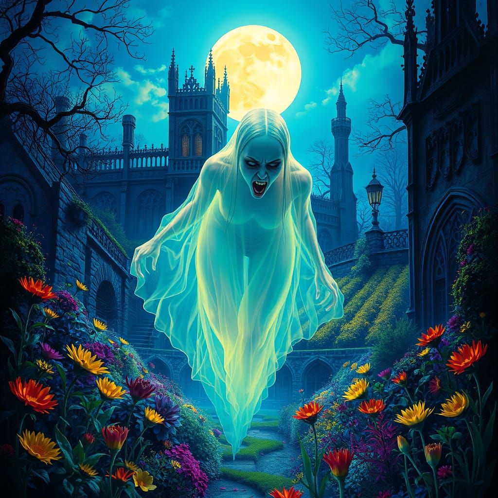 Ethereal Ghost Haunts a Colorful Moonlit Garden in Gothic St...