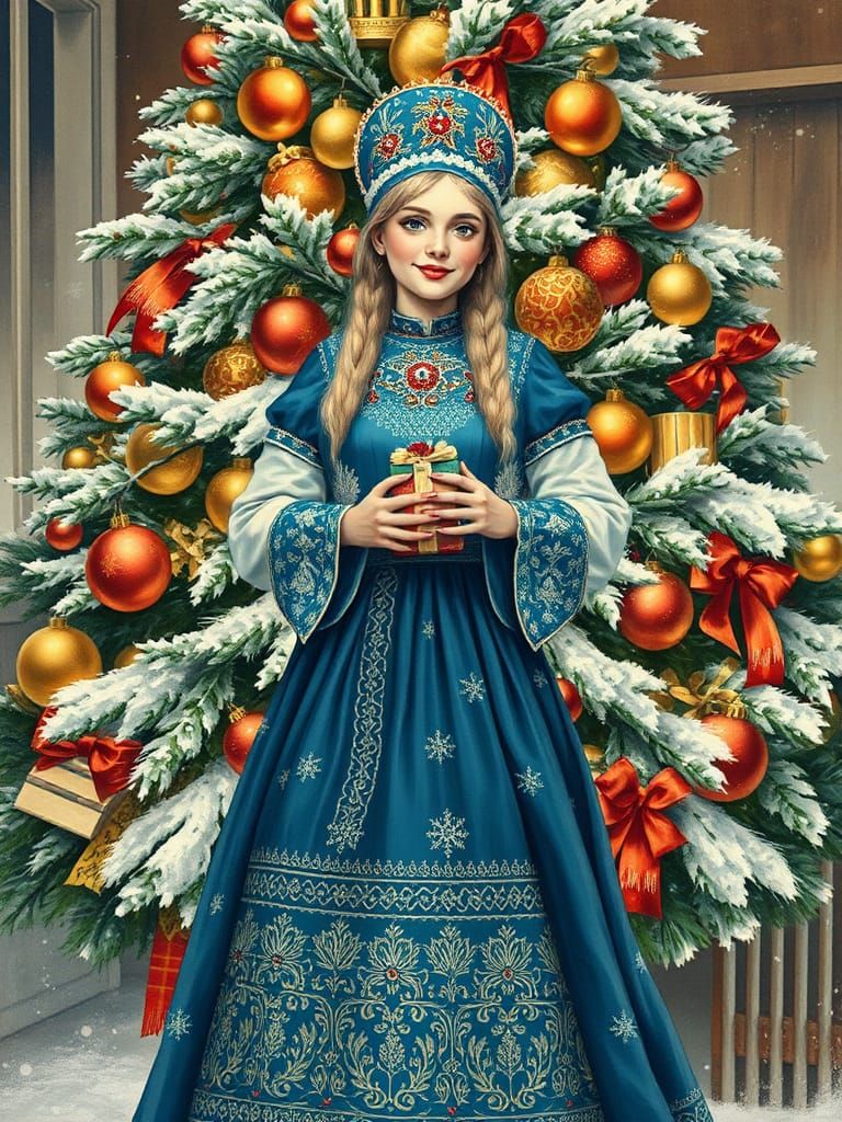 Slavic Snow Maiden Portrait in USSR Poster Art Style