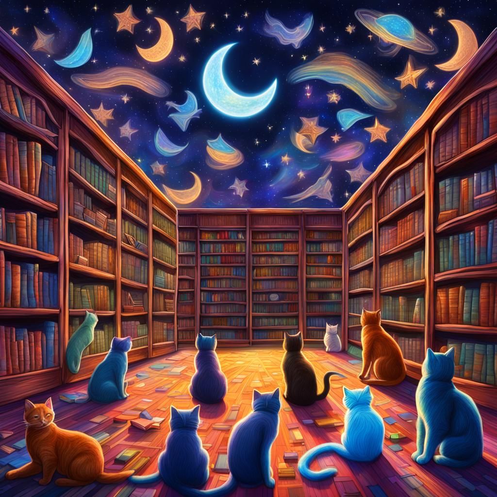 Cosmic Library with Cats: Astral Illustration