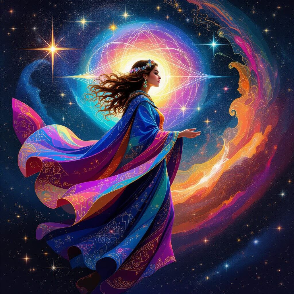 Woman in Iridescent Cloak in Astral Cosmos