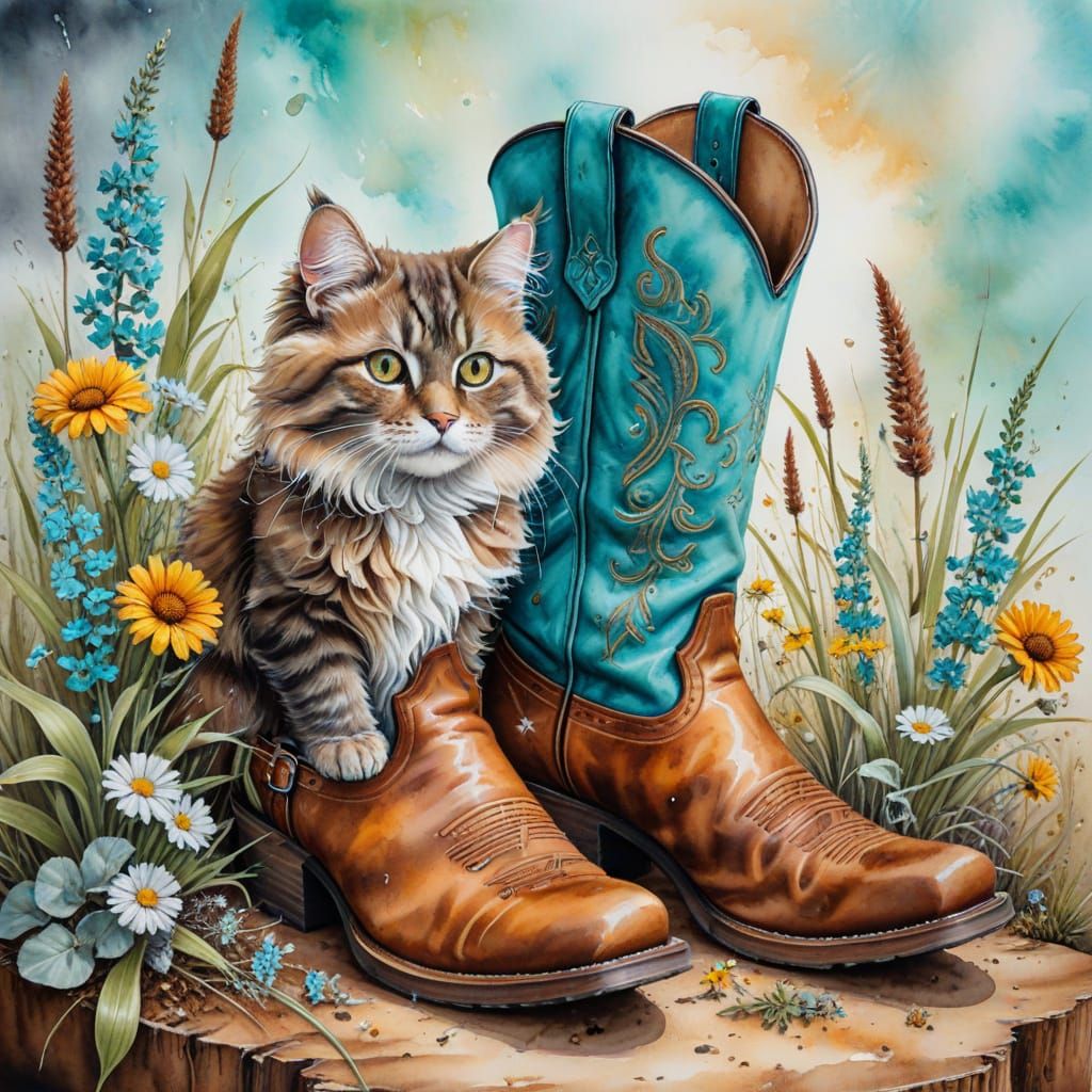 Cowboy Cat in Watercolor Alcohol Ink Painting