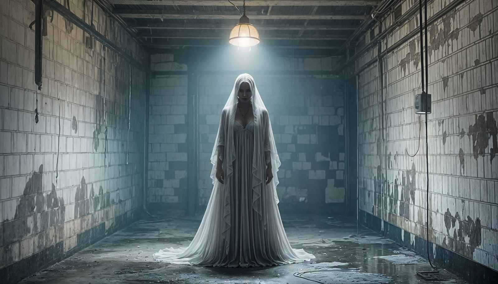 Transparent Spirit Woman in Grungy Basement