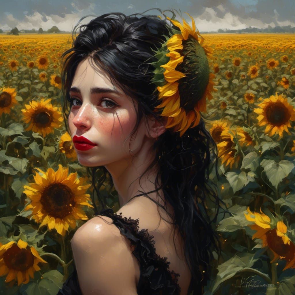 Woman with Sunflower in Fantasy World Style