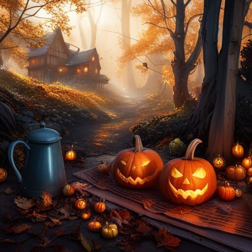 Cozy Autumn Scene with Pumpkins and Candles