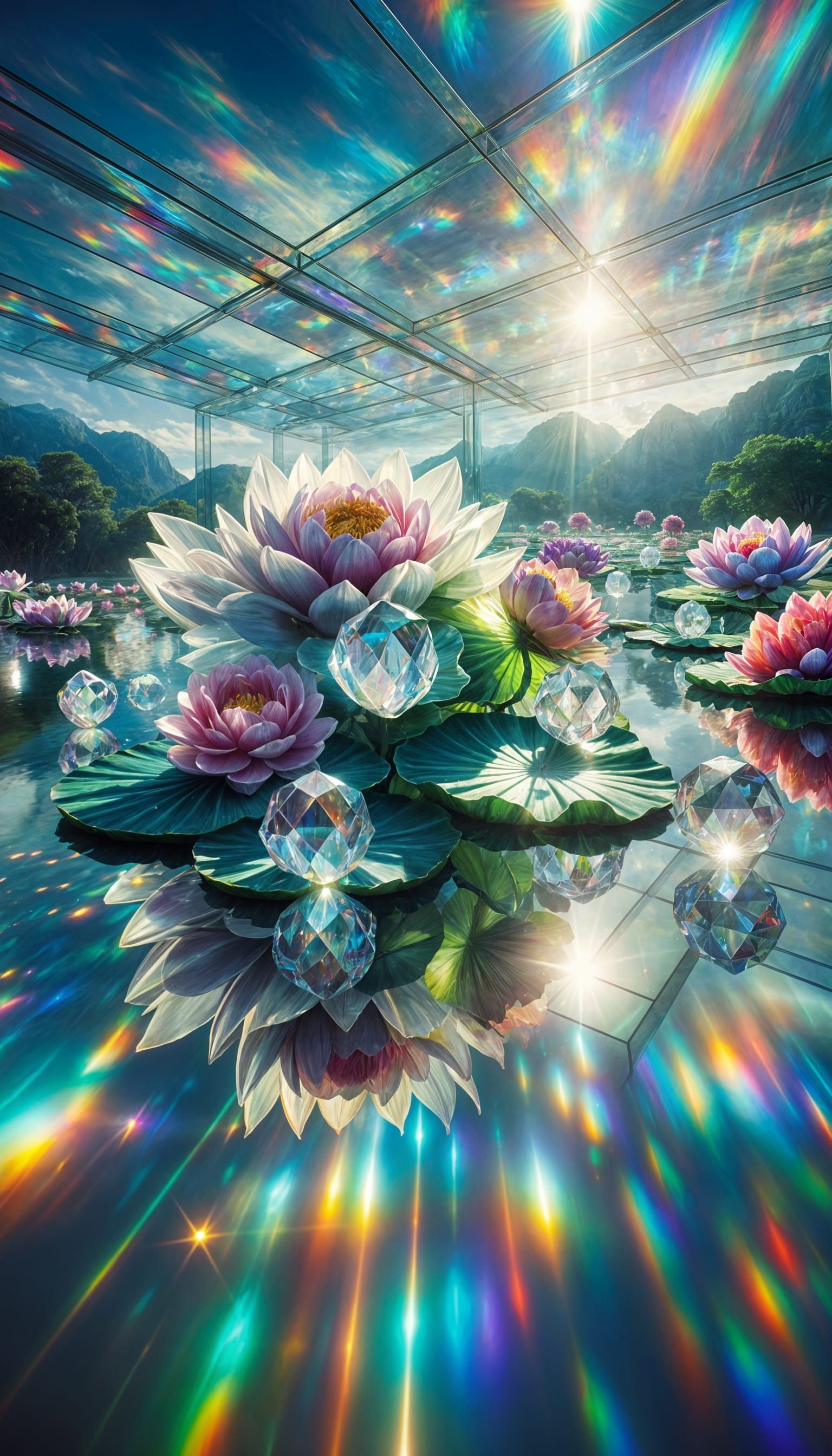 Prismatic Lake with Crystal Flowers Reflecting Rainbows