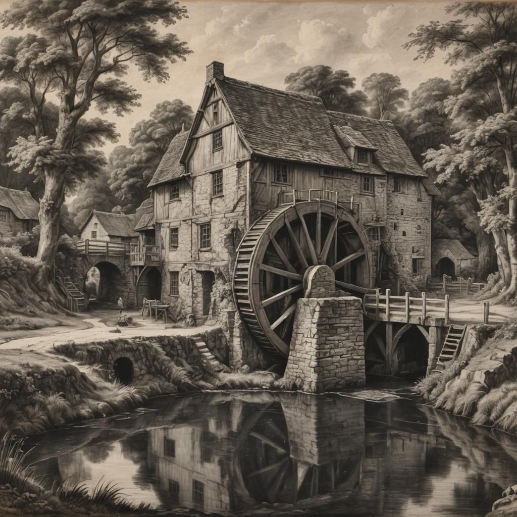 Rural England Water Mill in Charcoal