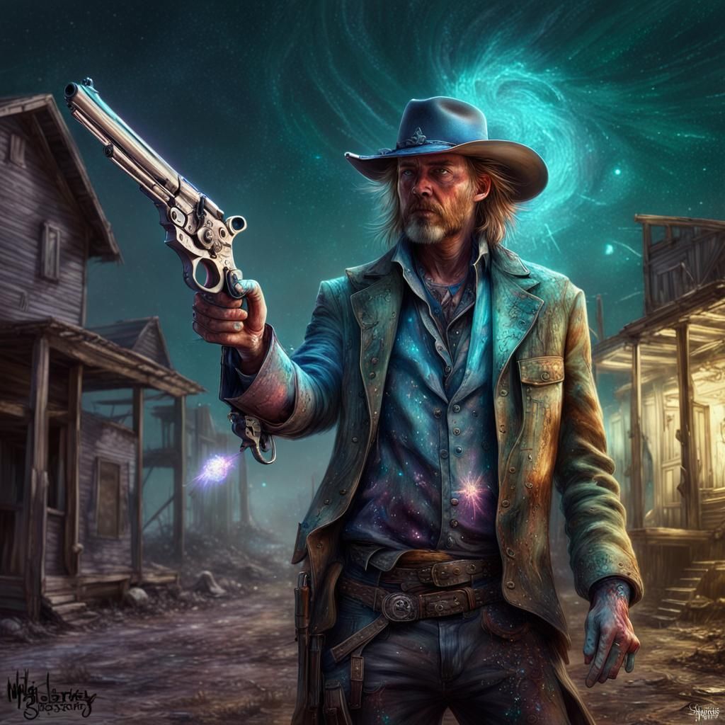 Cosmic Outlaw in Abandoned Town with Revolvers