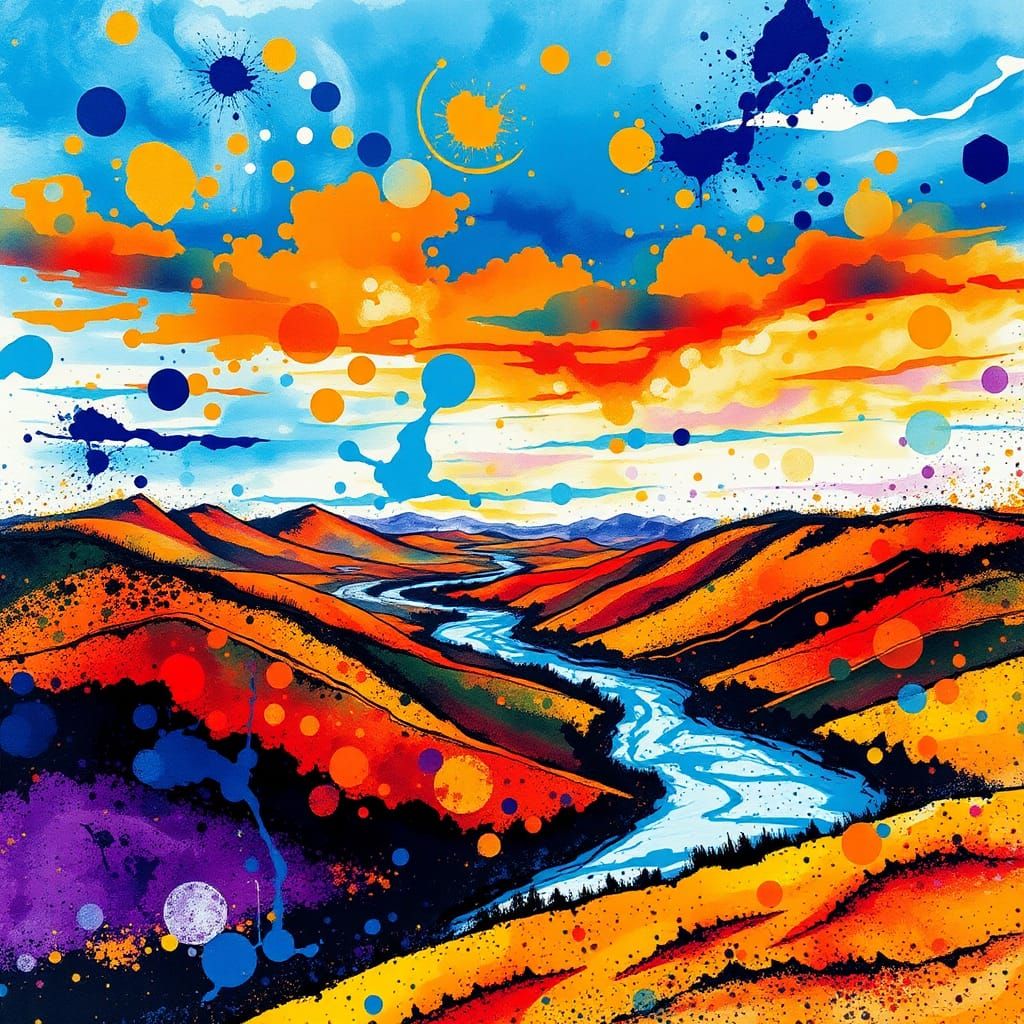 Ink Splatter Art Landscape with Vibrant Colors