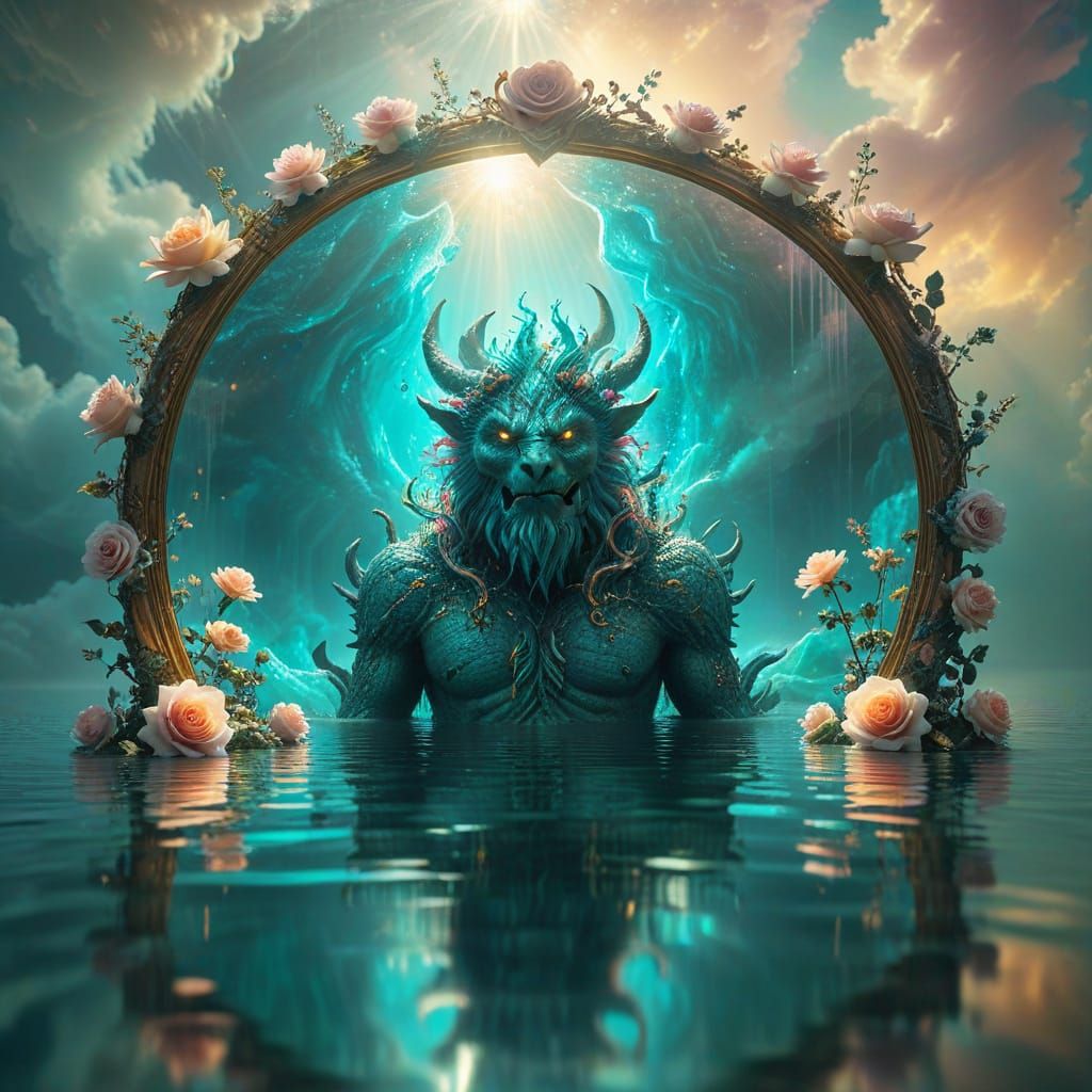 Dreamy Fantasy Monster in Rose Mirror with Magic