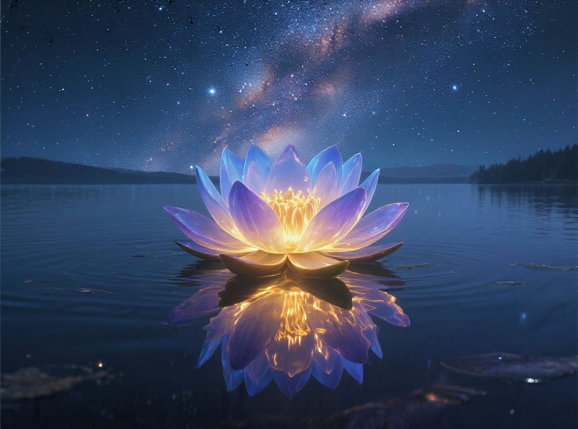 Radiant Lotus Flower Reflecting Starry Night