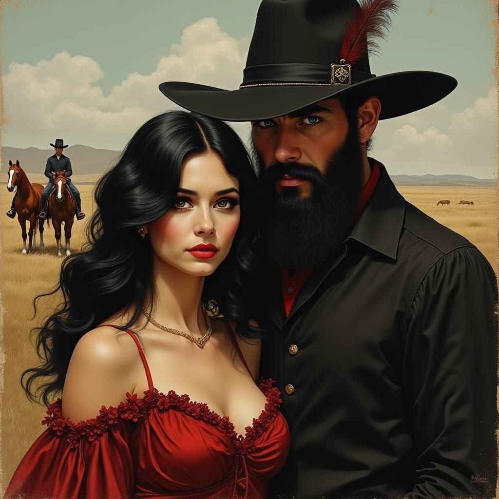 Ethereal Woman in Victorian-Inspired Regalia Beside Her Bald...