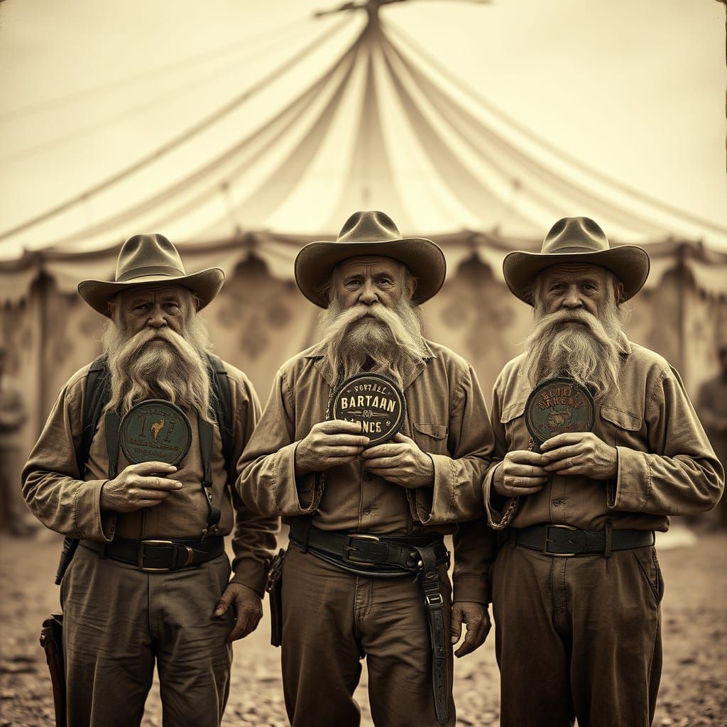 Elderly Outlaws Stand Guard in a Haunting Carnival Scene