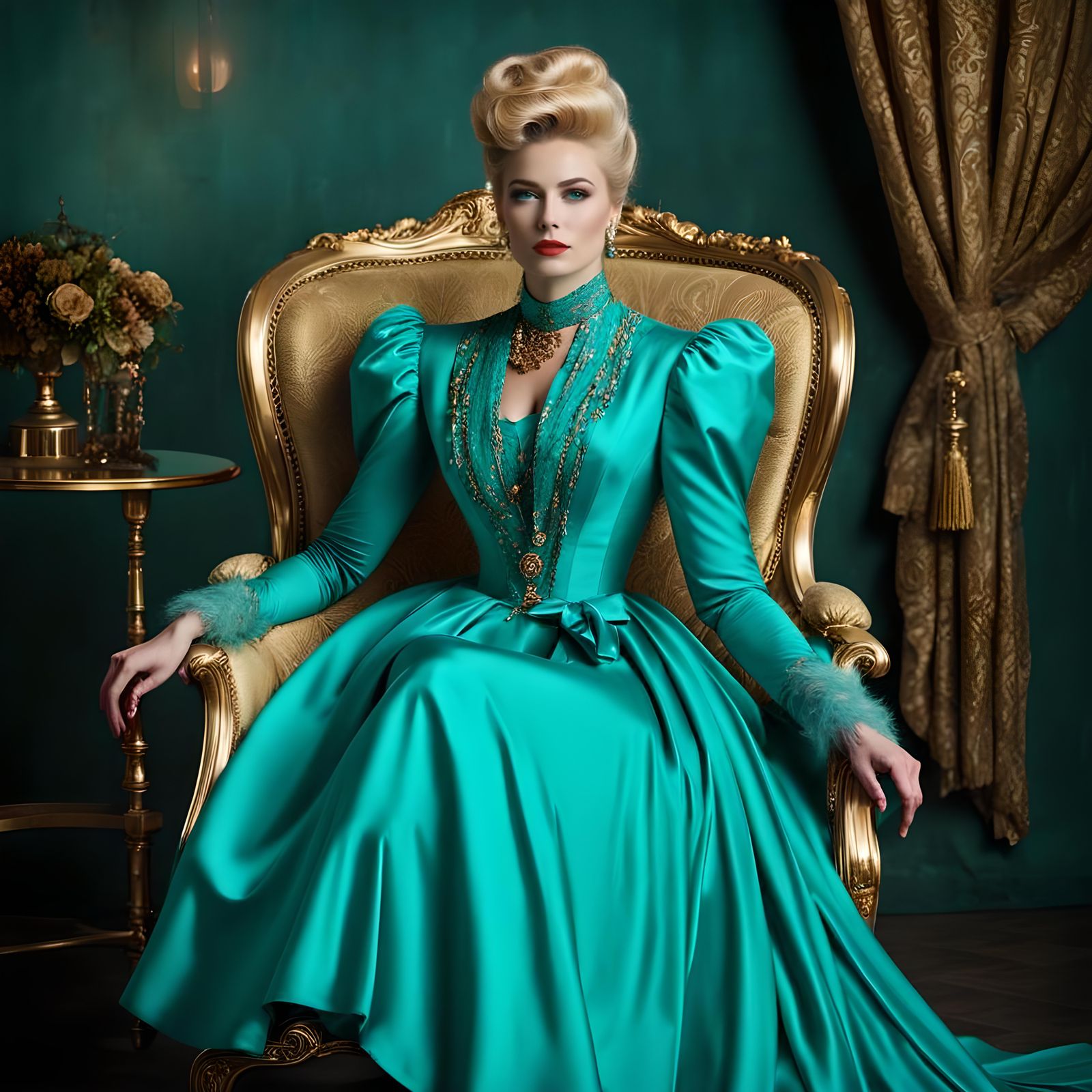 Edwardian Woman in Turquoise, Vintage Studio Portrait