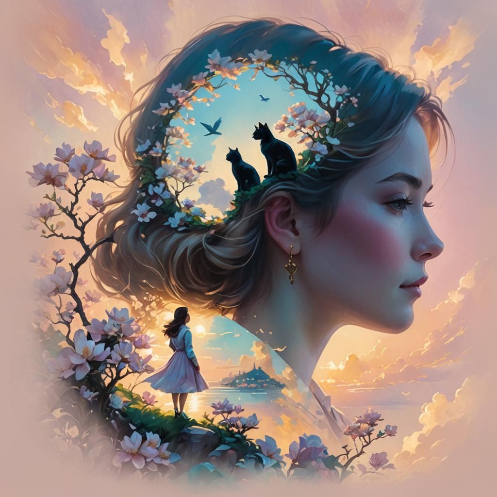 Silhouettes with Blooming Magnolias in Double Exposure