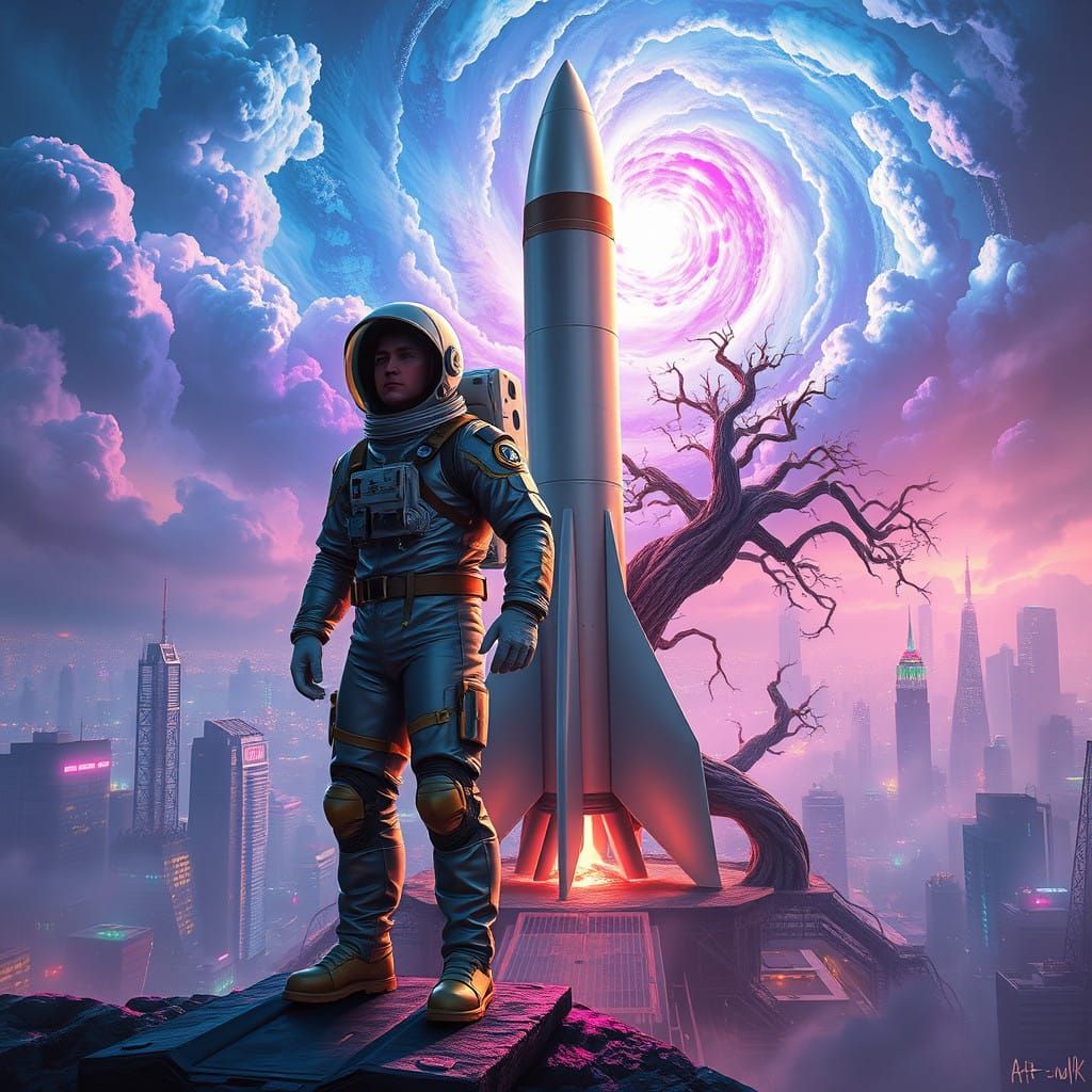 Heroic Astronaut Embracing Futuristic Cityscape